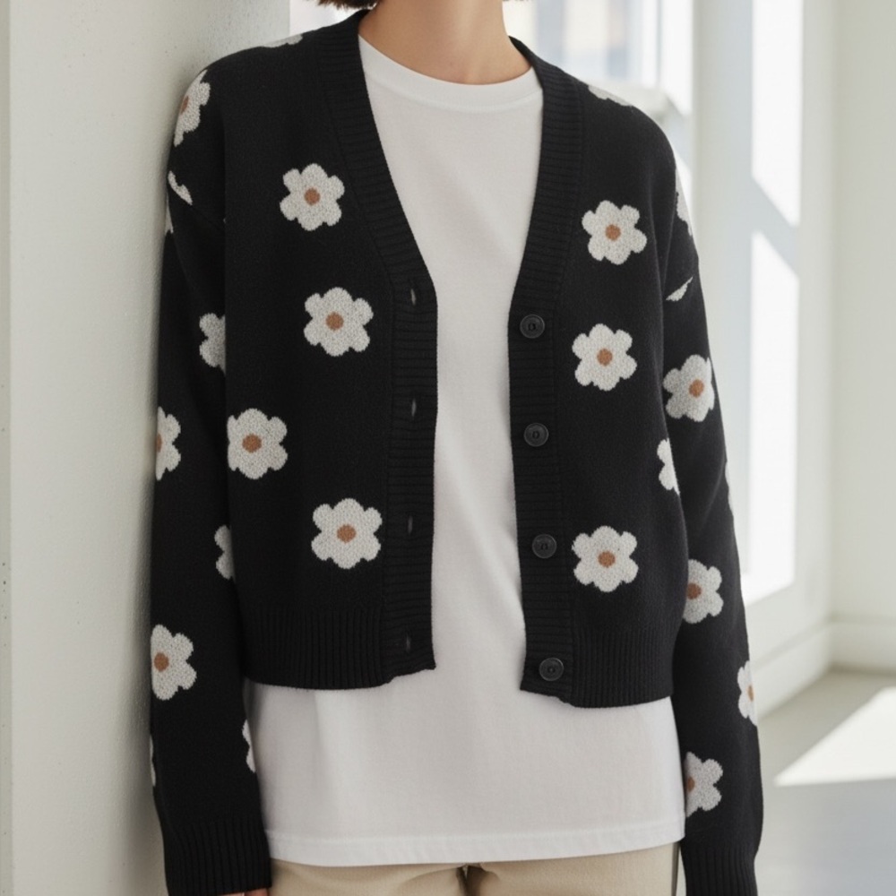 Elegant Black Floral Cardigan youth teen xl 16/18 years old or small women